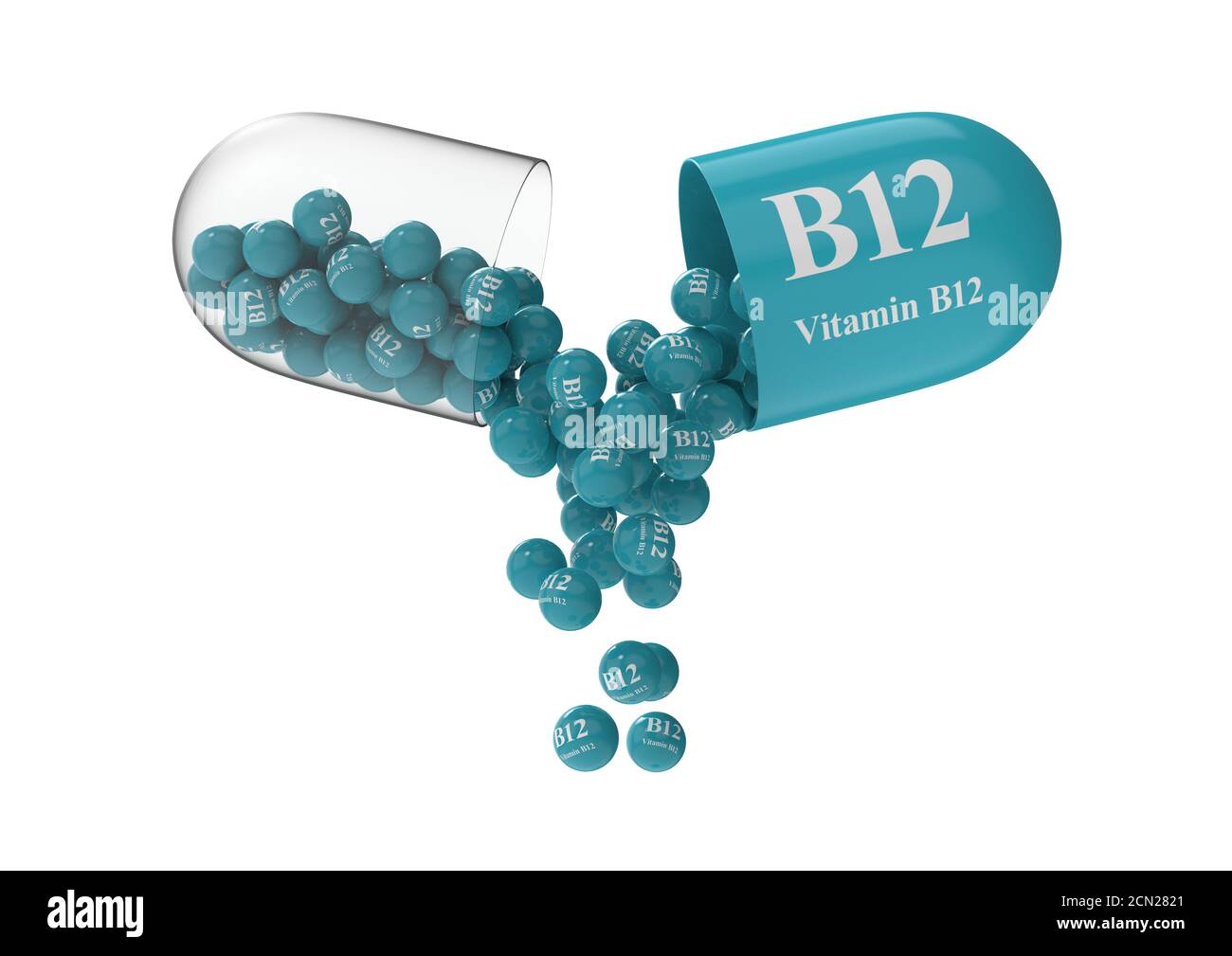 Offene Kapsel mit b12, aus der die Vitaminzusammensetzung gegossen wird. Medizinische 3D-Darstellung Stockfoto