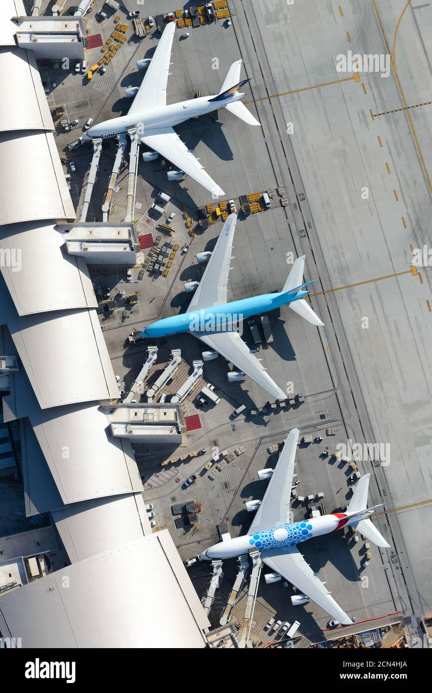 Luftaufnahme des Tom Bradley International Terminal mit mehreren Airbus A380 geparkt. Drei Airbus A380-800 am Flughafen Los Angeles. Stockfoto
