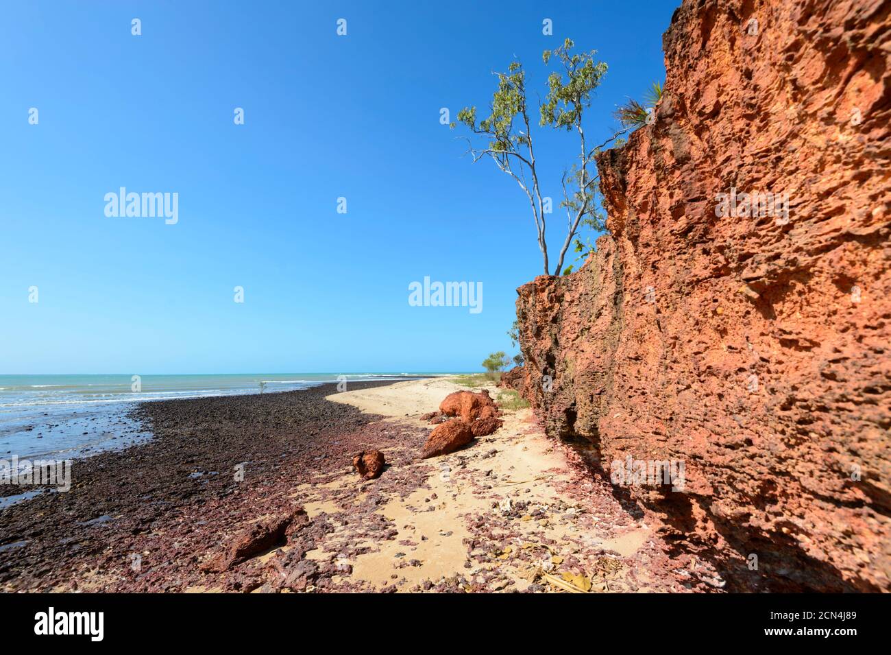 Leuchtend rote Felsen am Rainbow Cliffs, einem beliebten Strand in der Nähe von Nhulunbuy, Gove Peninsula, East Arnhem Land, Northern Territory, NT, Australien Stockfoto