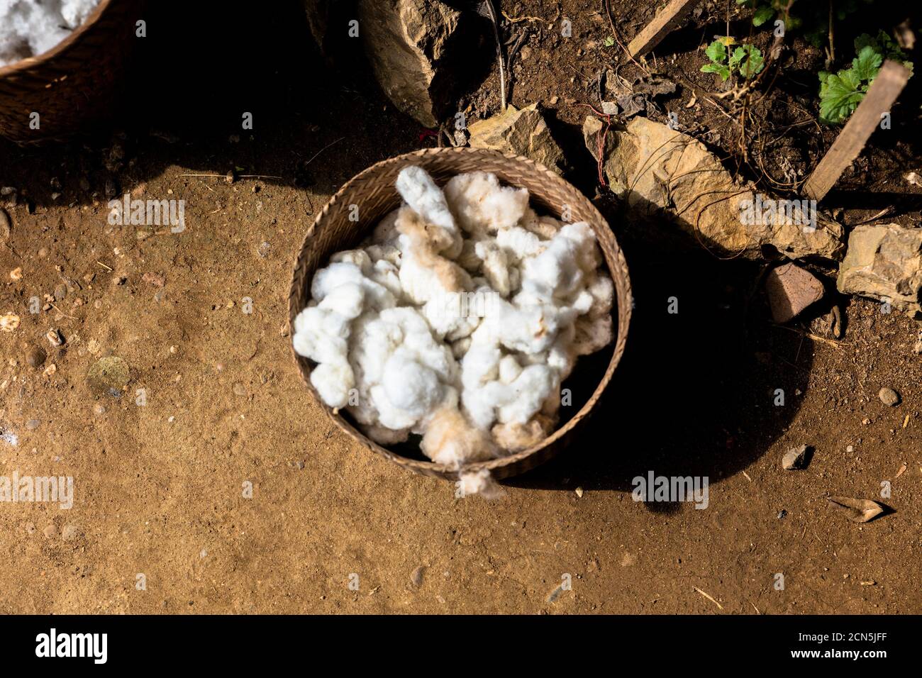 Schafwolle flockt im Eimer Stockfoto