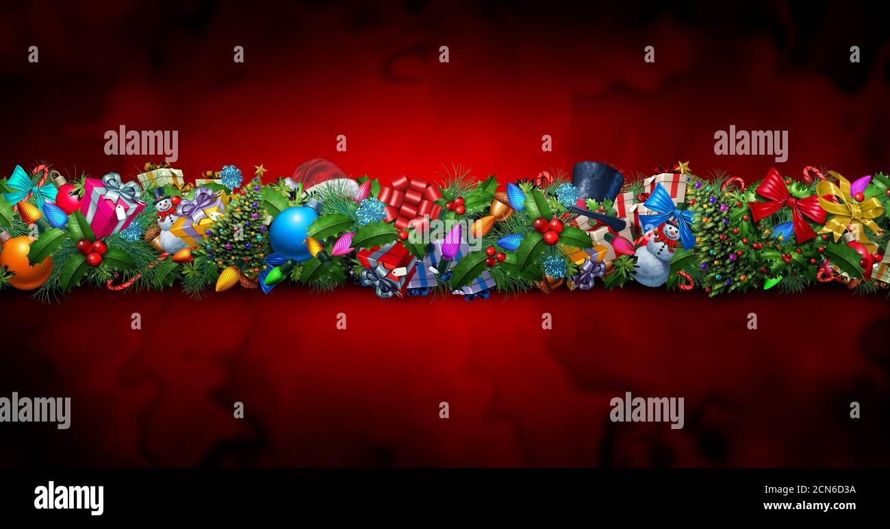 Weihnachts- und Neujahrsdekoration mit traditionellem Winterurlaub auf rotem Hintergrund als 3D-Rendering. Stockfoto