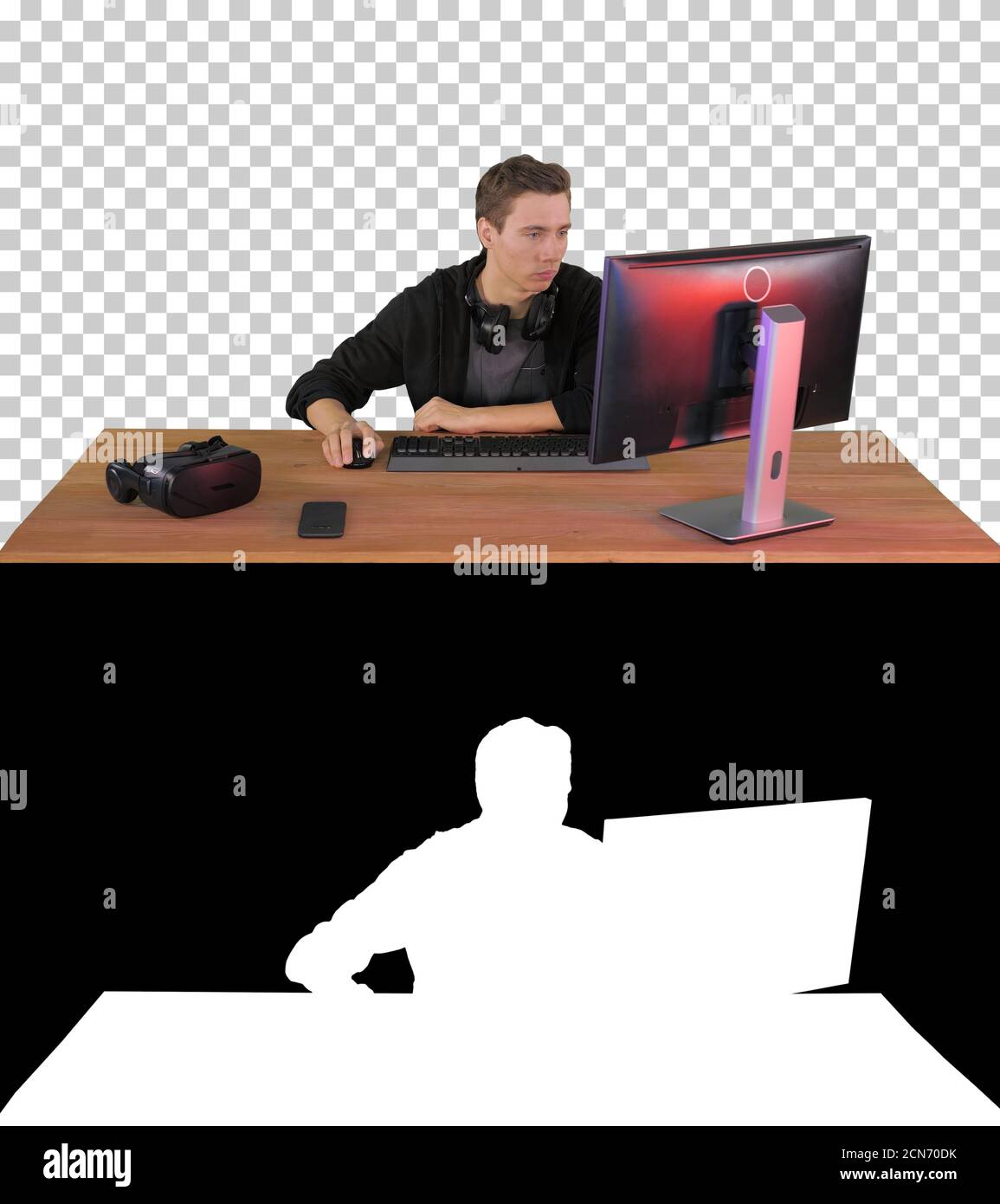Junger Mann Gamer beobachten Stream Spiel, Alpha Channel mit Silhoue Stockfoto