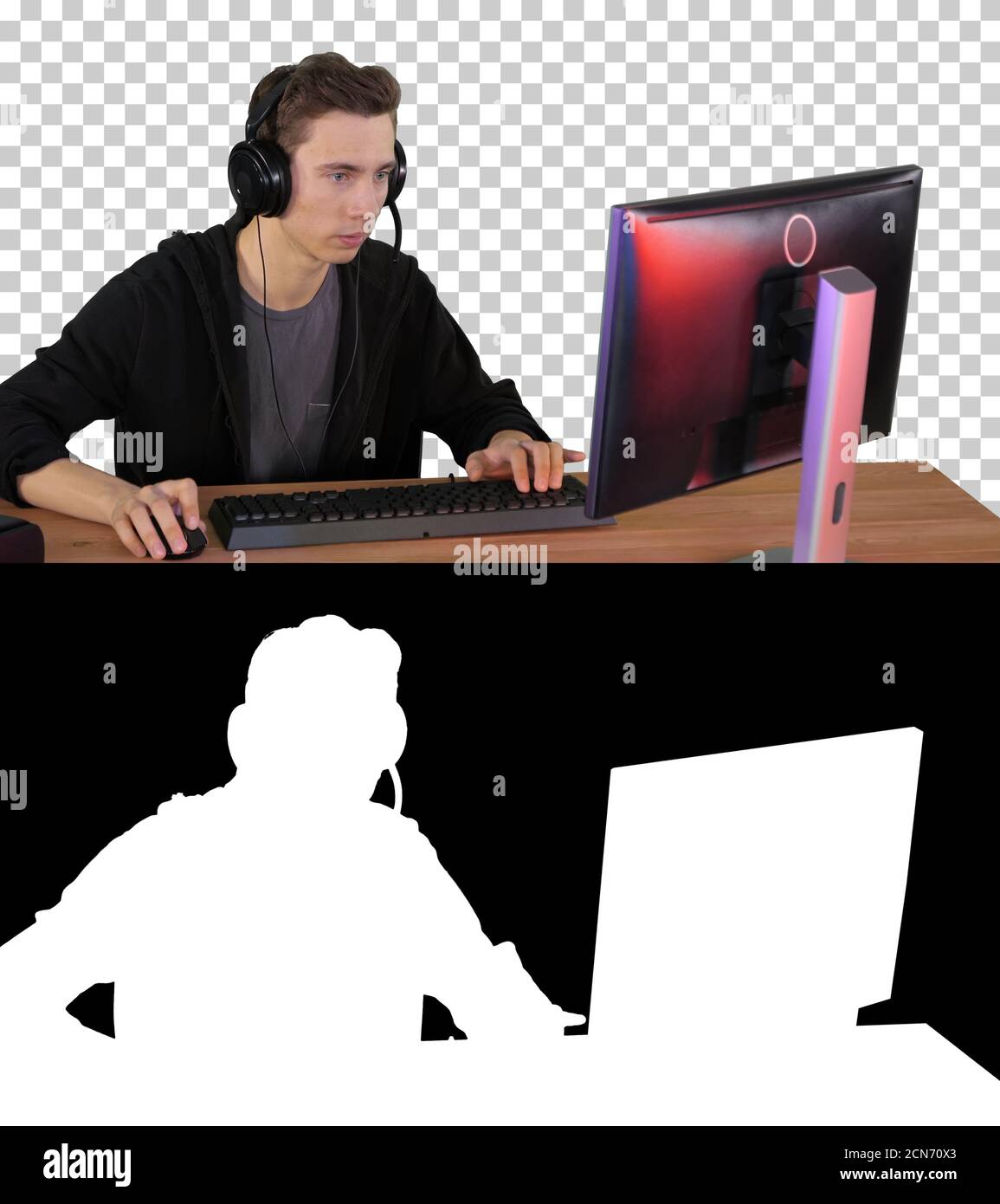 Konzentrierte wütend Brünette Mann spielt Videospiel, Alpha Channe Stockfoto
