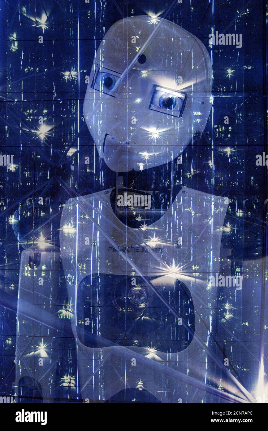 Photomontage, der humanoide Roboter RoboThespian mit kosmischen Strukturen, Dortmund, Deutschland, Europa Stockfoto