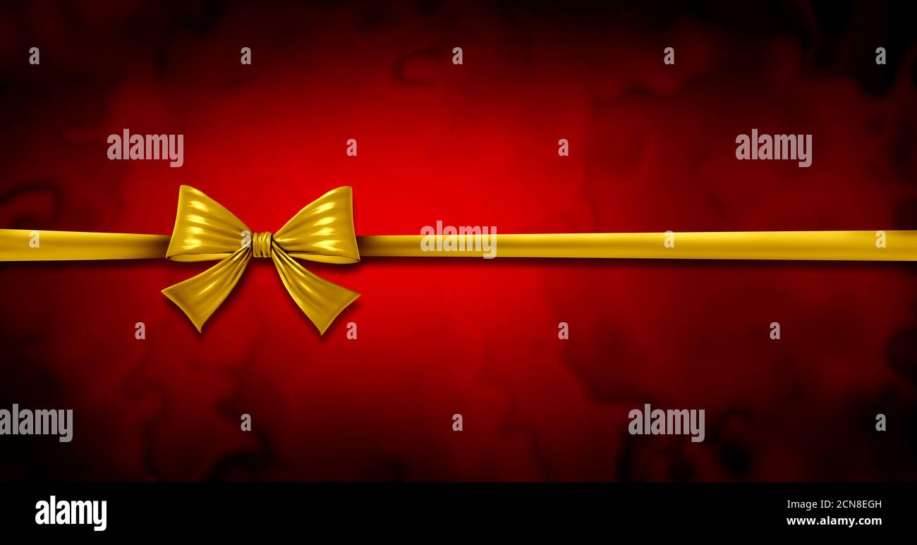 Weihnachtsgeschenk Band Dekoration mit traditionellen Winterurlaub Gold Seidenschleife auf einem roten Hintergrund als 3D-Render. Stockfoto