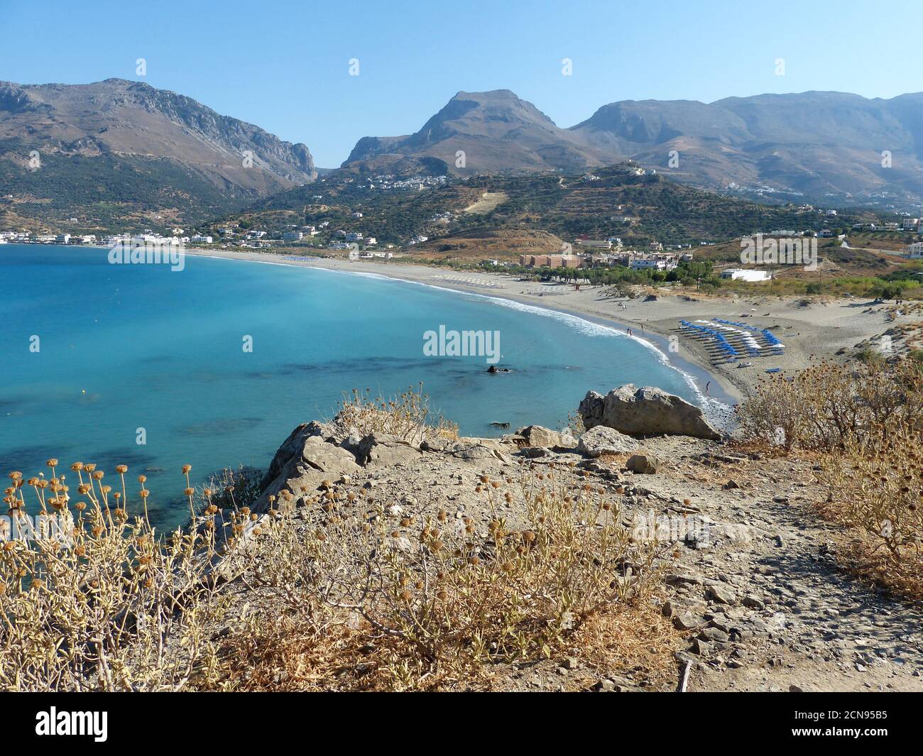 Malerische Mittelmeerküste Kreta Insel Griechenland, Plakias Dorf. Stockfoto