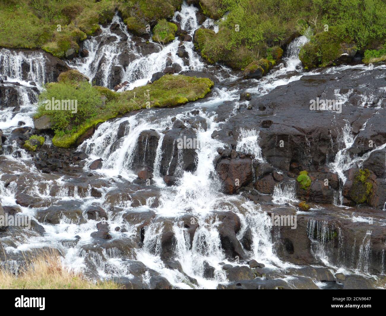 Wasserfall Hraunfossar in Island. Atemberaubende weiße unzählige Wasserfälle laufen in Kaskaden-Reihe hinunter Lava Klippe. Die Wasserfälle von Hraunfossar führen hinunter nach Hvita Stockfoto