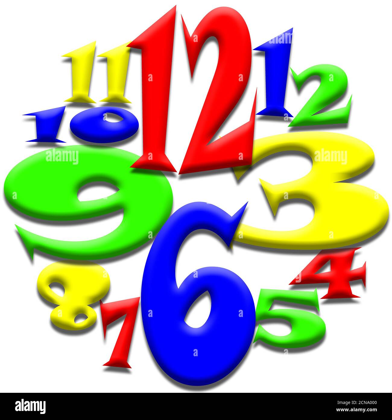 Zahlen 1 bis 12 auf einer 3D-Uhr Stockfoto