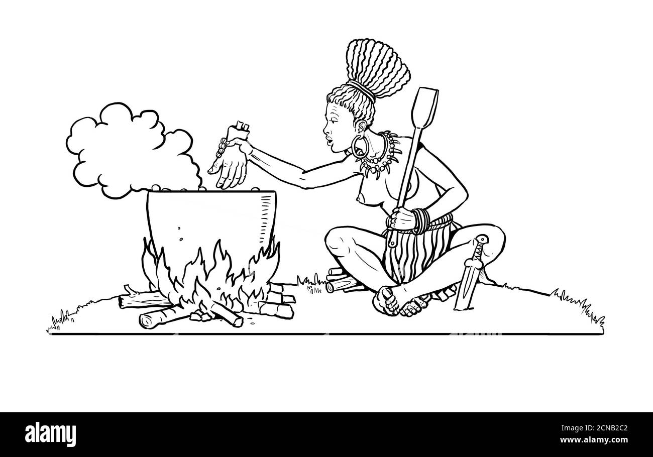 Cannibal kocht sein Essen. Zeichentrickfilm. Stockfoto