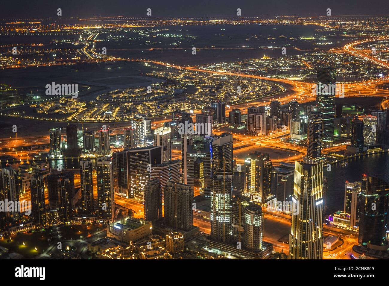 Dubai Nachtansicht von der Aussichtsplattform des Burj Khalifa Stockfoto