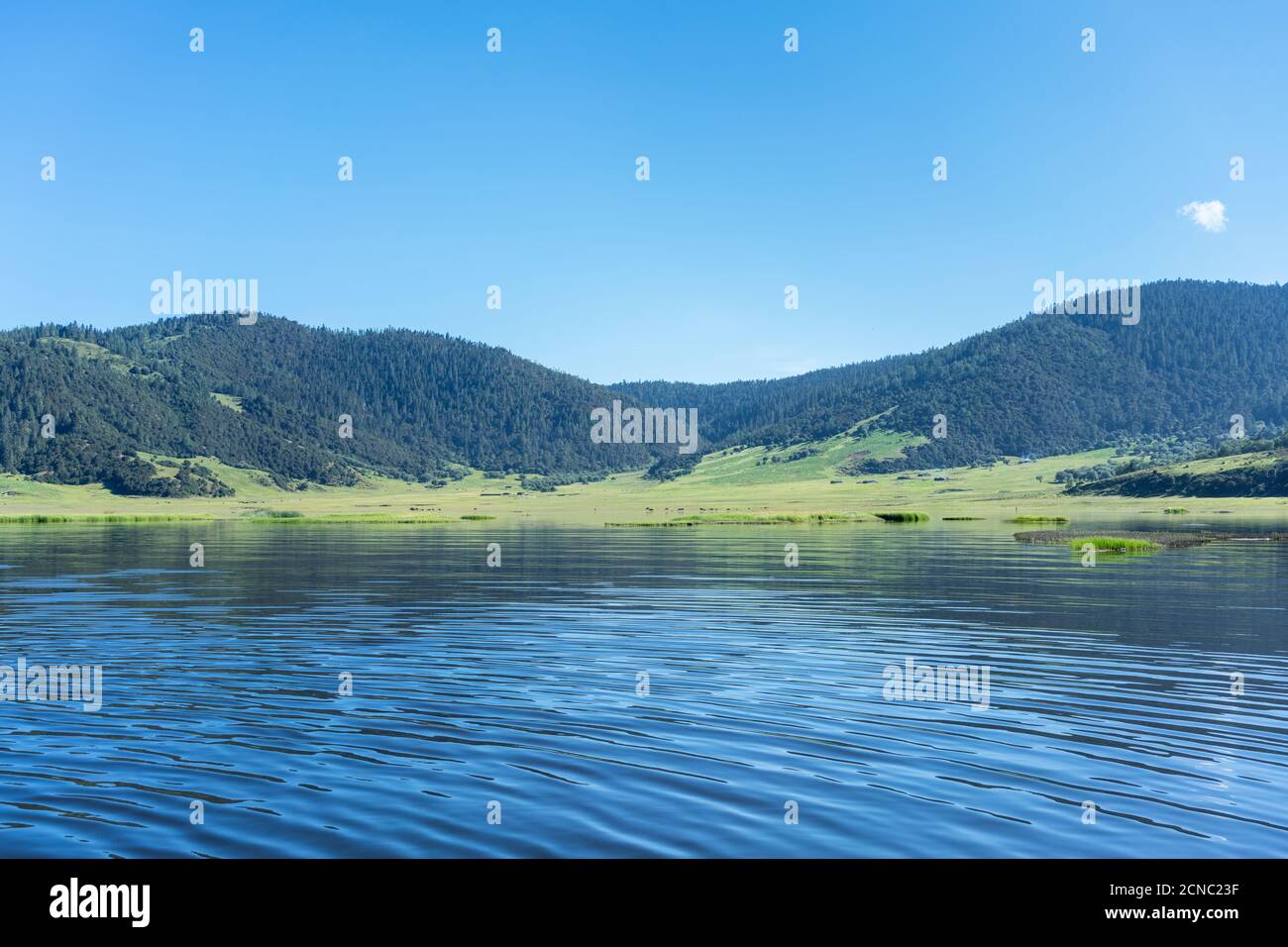 Blick auf den blauen alpinen See Stockfoto