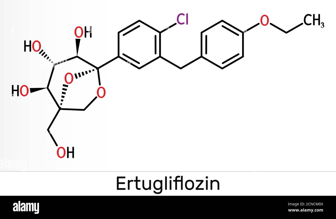 Ertugliflozin-Molekül. Es ist ein Medikament zur Behandlung von Diabetes. Chemische Formel des Skeletts. Abbildung Stockfoto