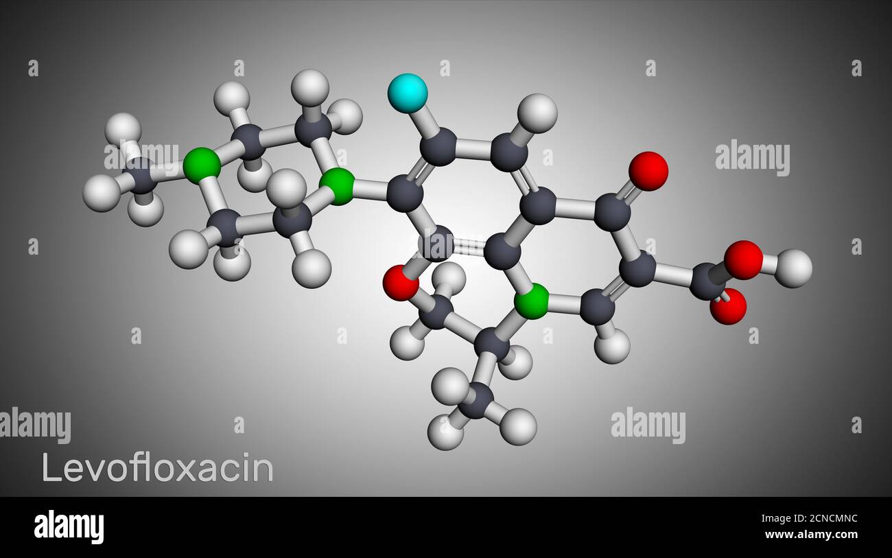 Levofloxacin, Fluorchinolon Antibiotikum Molekül. Es wird verwendet, um bakterielle Sinusitis, Lungenentzündung zu behandeln. Molekularmodell. 3D-Rendering Stockfoto