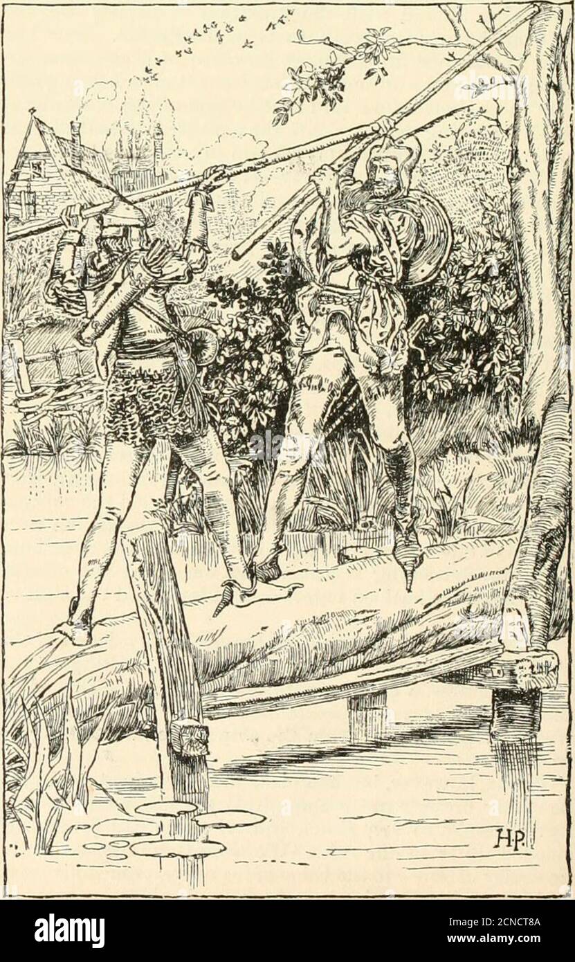 . Harpers junge Leute. Über dem Strom. Nie haben Ritter von Arthurs runden Tisch treffen instouter Kampf als diese beiden. Für eine gute Stunde kämpften sie mit Schlag und Parieren, die Schläge klappern wie Hagel auf Pent-House Schuppen, bis hier und da waren Sorebones und Beulen; Doch keiner gab einem einzigen Fuß nach.hin und wieder hielten sie inne, um sich auszuruhen, keuchend, und in seinem Herzen überlegte er, dass er noch nie einen so jungen Mann in seinem ganzen Leben zuvor getroffen hatte. Endlich gab Robin dem Fremden einen Schlag, der seine Jacke zum Rauch machte, und stürzte ihn beinahe über die Brücke. Aber der Junge gewann sich schnell wieder und gab Robin Stockfoto