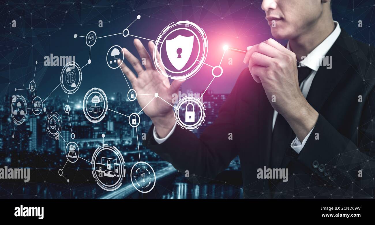 Cyber Security und Digital Data Protection Konzept. Grafische Symbolschnittstelle mit sicherer Firewall-Technologie für den Schutz vor Online-Datenzugriff Stockfoto