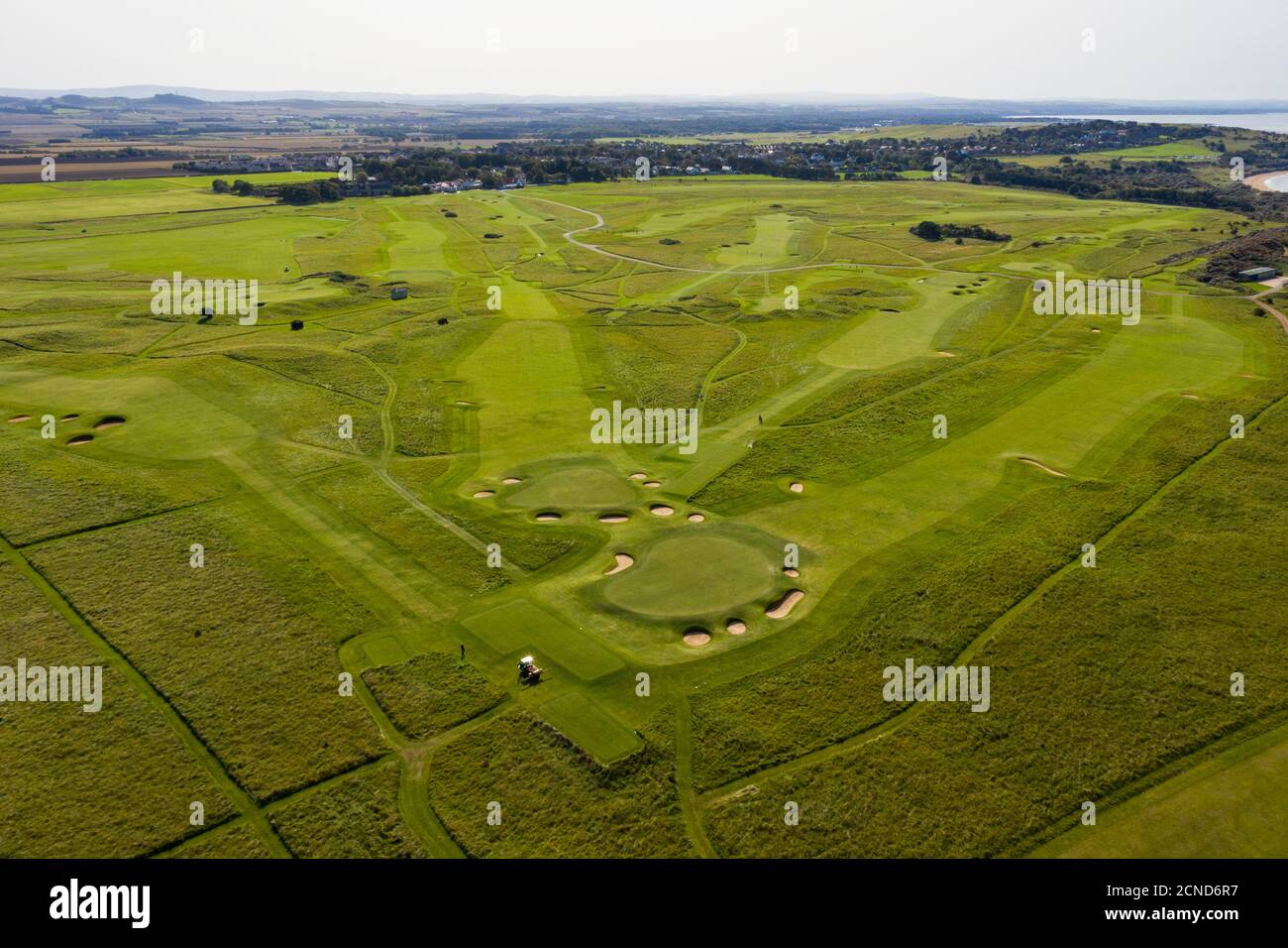 Luftaufnahme des Muirfield Golfplatzes, Gullane, East Lothian, Schottland. Stockfoto