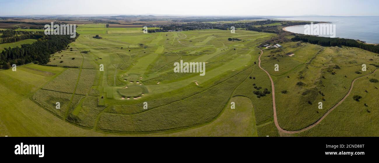 Luftaufnahme des Muirfield Golfplatzes, Gullane, East Lothian, Schottland. Stockfoto