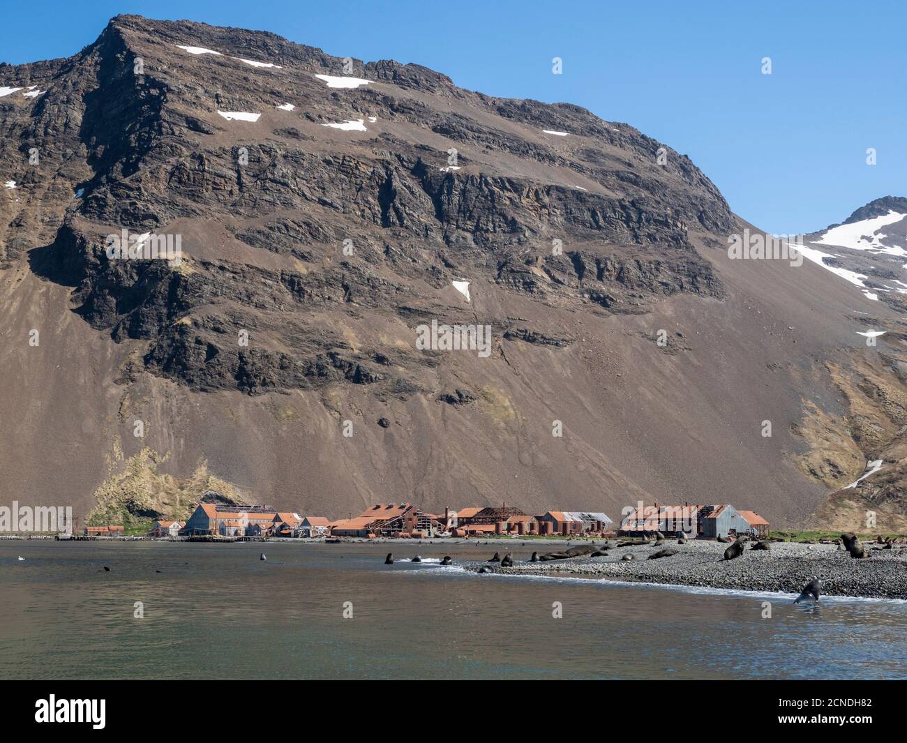 Rostende Maschinen und Gebäude an der verlassenen Walfangstation am Stromness Hafen, Südgeorgien, Polarregionen Stockfoto