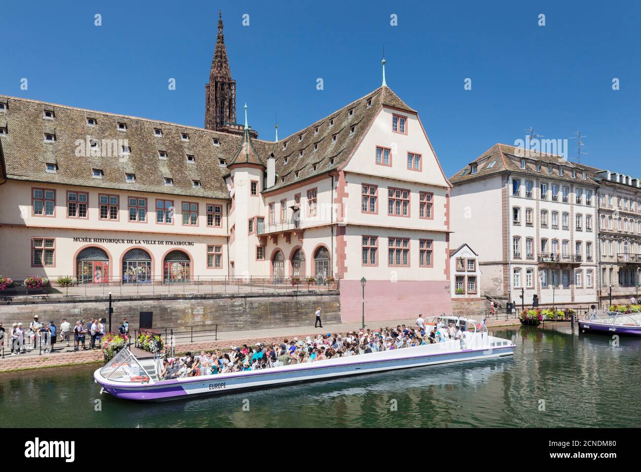 Ausflugsboot auf der Ill, Historisches Museum und Kathedrale, Straßburg, Elsass, Frankreich, Europa Stockfoto