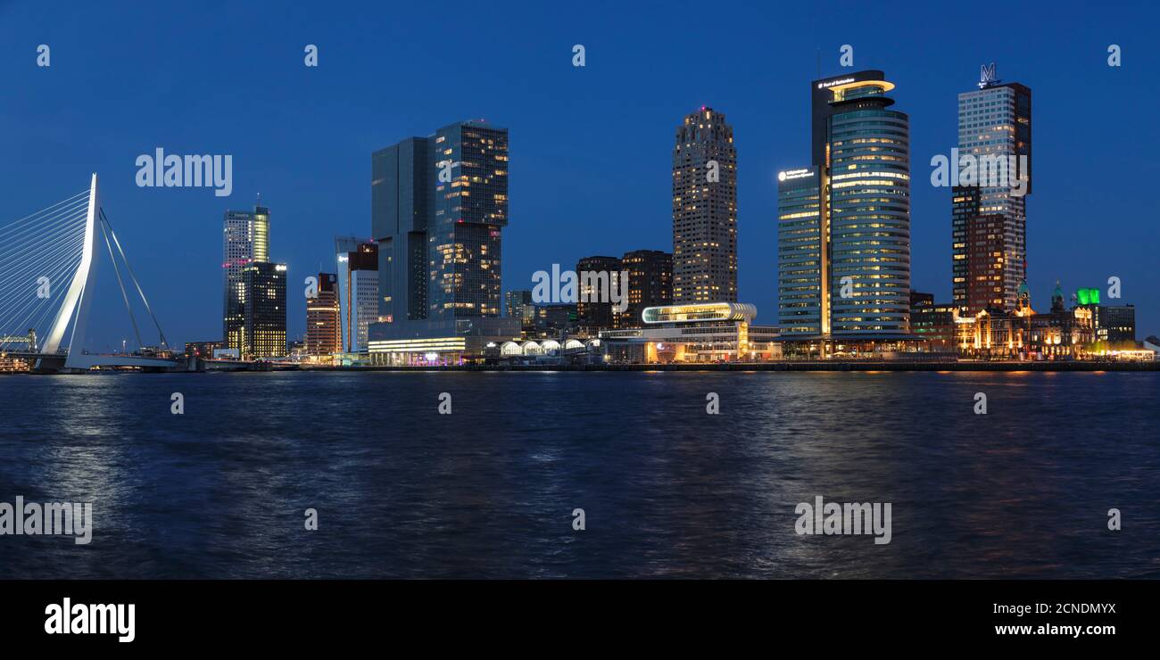 Nieuwe Maas River, Erasmus Bridge and Skyline, Rotterdam, Südholland, Niederlande, Europa Stockfoto