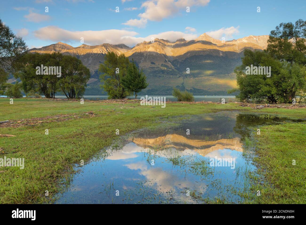 Glenorchy Lagoon bei Sonnenaufgang, Glenorchy, Otago, Südinsel, Neuseeland, Pazifik Stockfoto