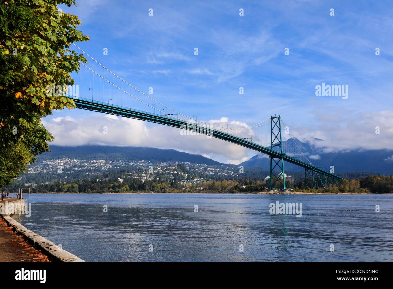 Lions Gate Bridge von Stanley Park Seawall, Stanley Park, Herbst, Vancouver City, British Columbia, Kanada Stockfoto
