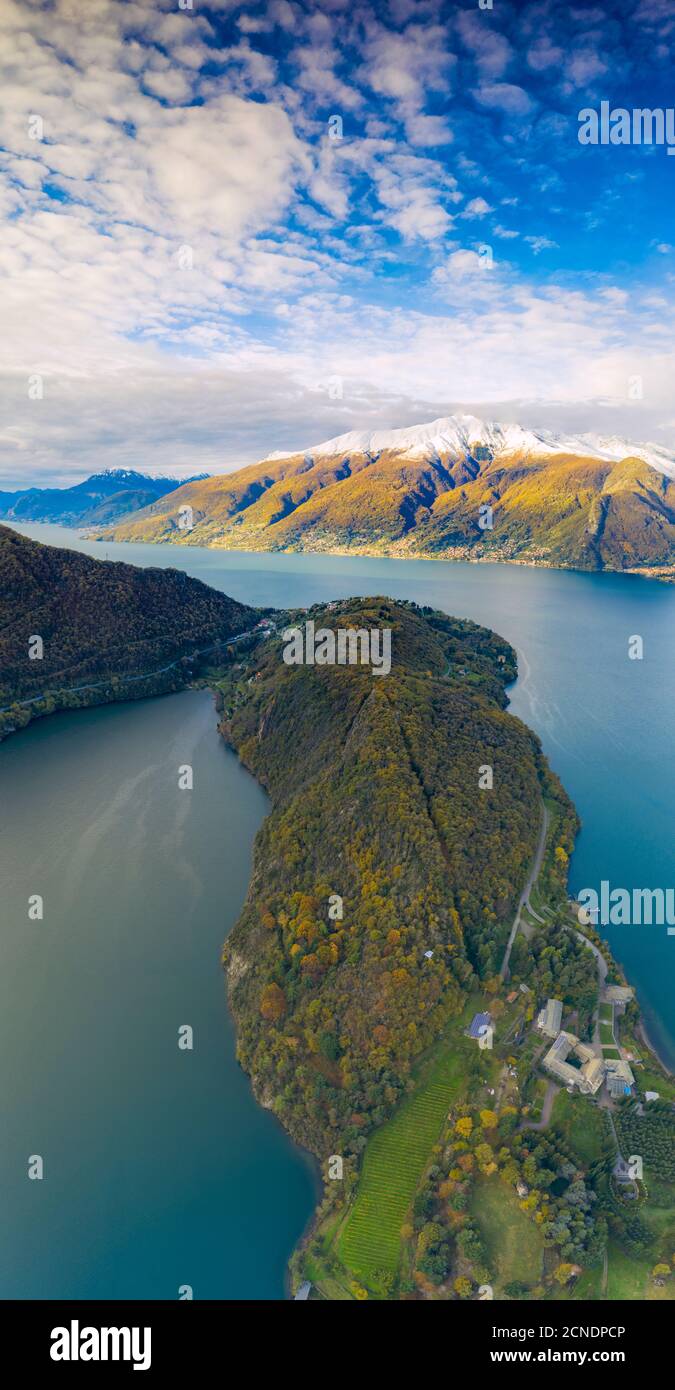 Luftaufnahme von der Abtei von Piona (Abbazia Priorato di Piona) von oben gesehen, Comer See, Colico, Provinz Lecco, Lombardei, Italienische Seen, Italien, Europa Stockfoto