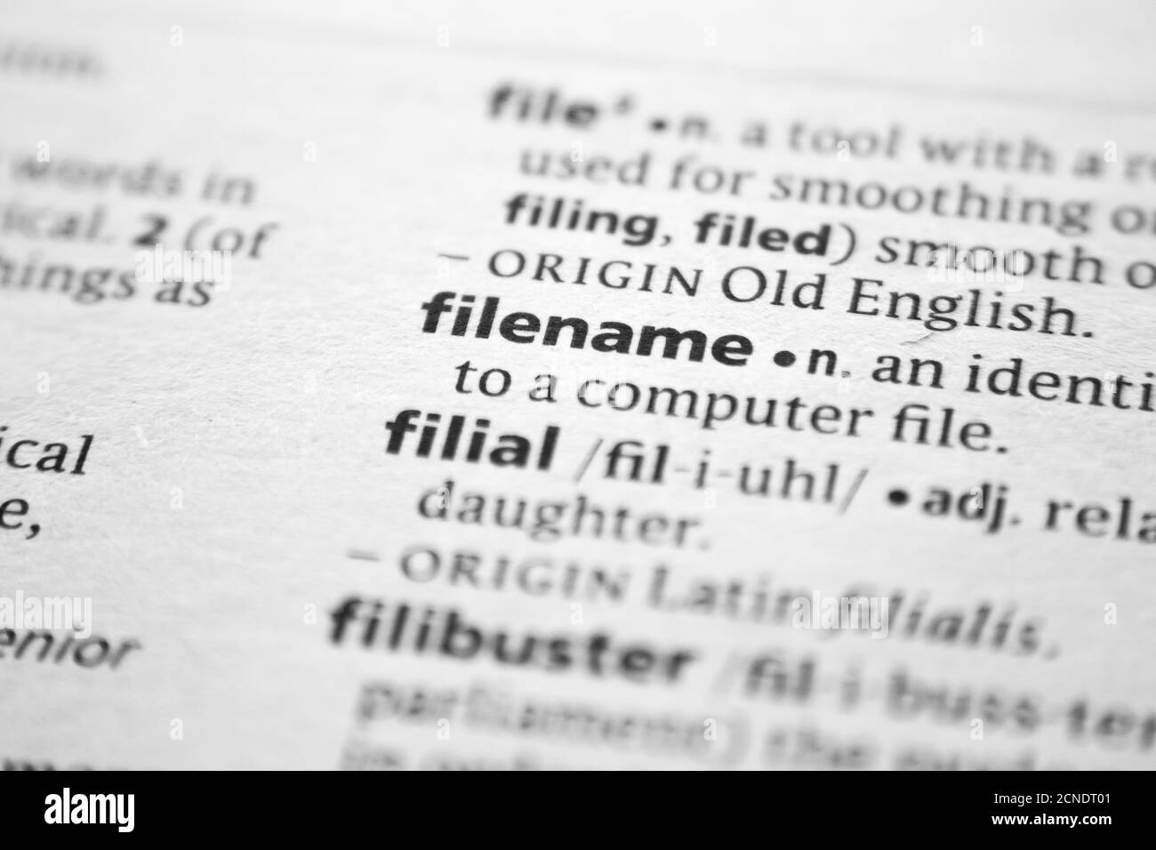 Wort- oder Phrase-Dateiname in einem Wörterbuch Stockfoto