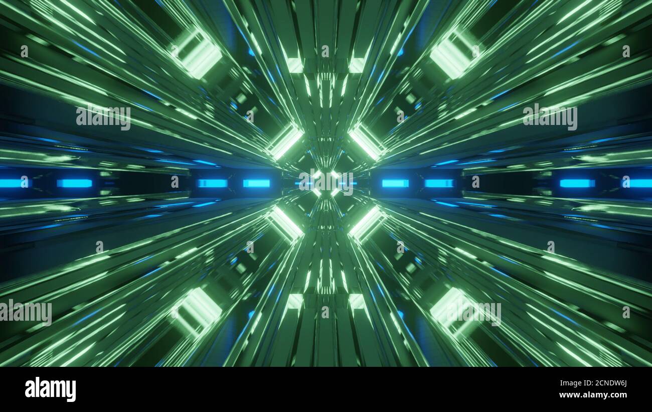 Längliche Illusion Moos Beleuchtung Space Craft 4k uhd 3d-Illustration Hintergrund Stockfoto