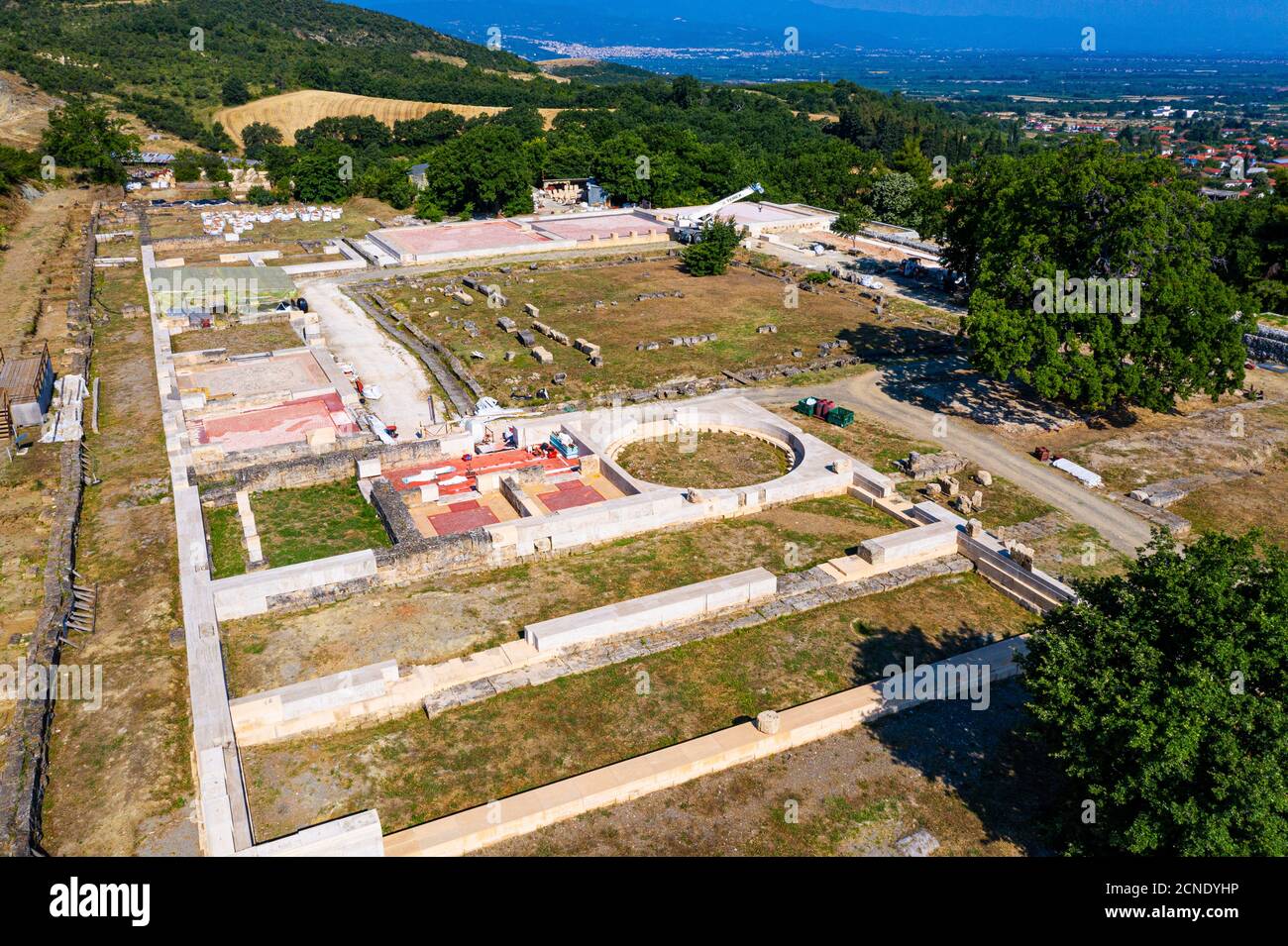 Luftaufnahme des Palastes, Aigai, Vergina, UNESCO-Weltkulturerbe, Griechenland, Europa Stockfoto