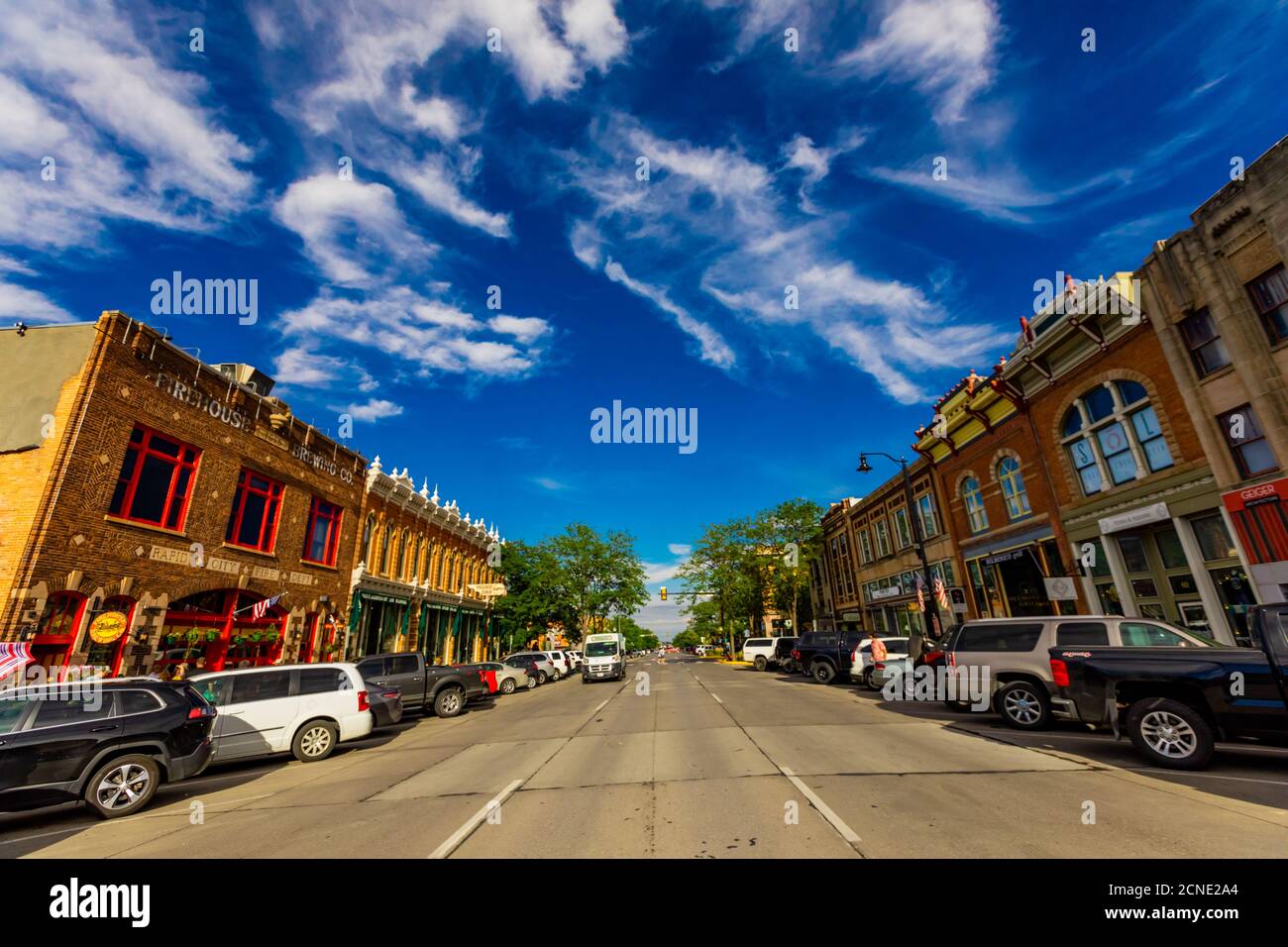 Straßenansicht von Ladenfronten in Downtown Rapid City, South Dakota, Vereinigte Staaten von Amerika Stockfoto