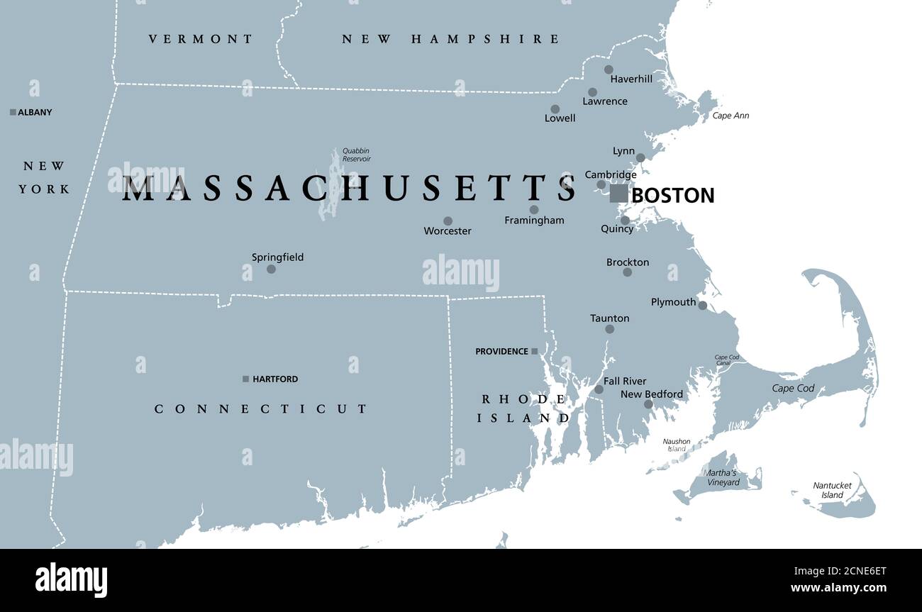Massachusetts, graue politische Karte, mit Hauptstadt Boston. Commonwealth of Massachusetts, MA. Bevölkerungsreichste Staat in der Region New England der USA. Stockfoto