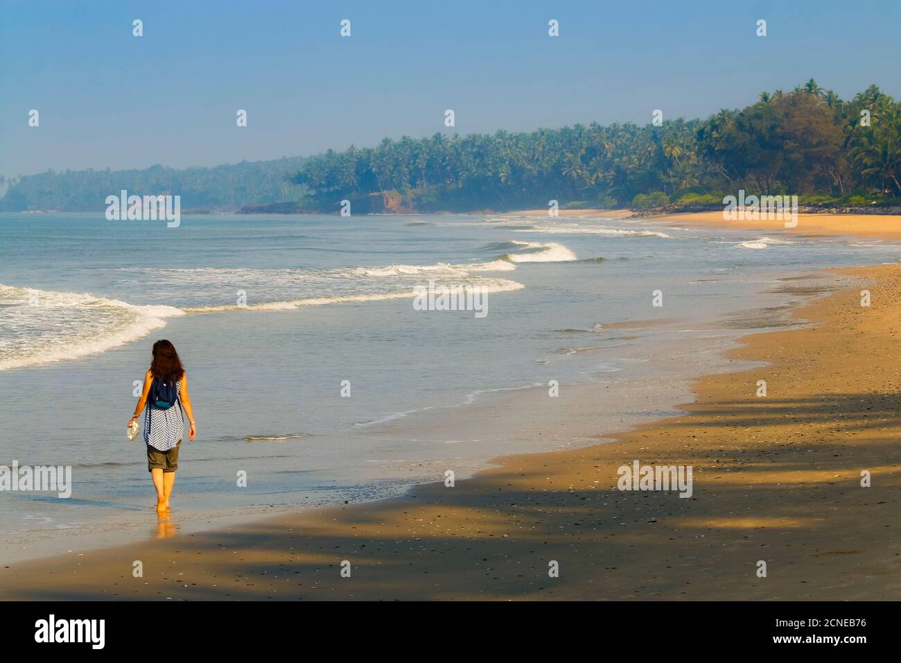 Alleinreisende auf schönen palmengesäumten, Kizhunna Strand, südlich von Kannur an Keralas Nordküste, Kizhunna, Kannur, Kerala, Indien, Asien Stockfoto