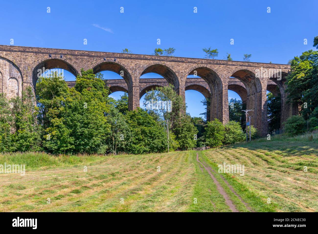 Blick auf den Zwillingsbahnviadukt in Chapel Milton, Derbyshire, England, Großbritannien, Europa Stockfoto