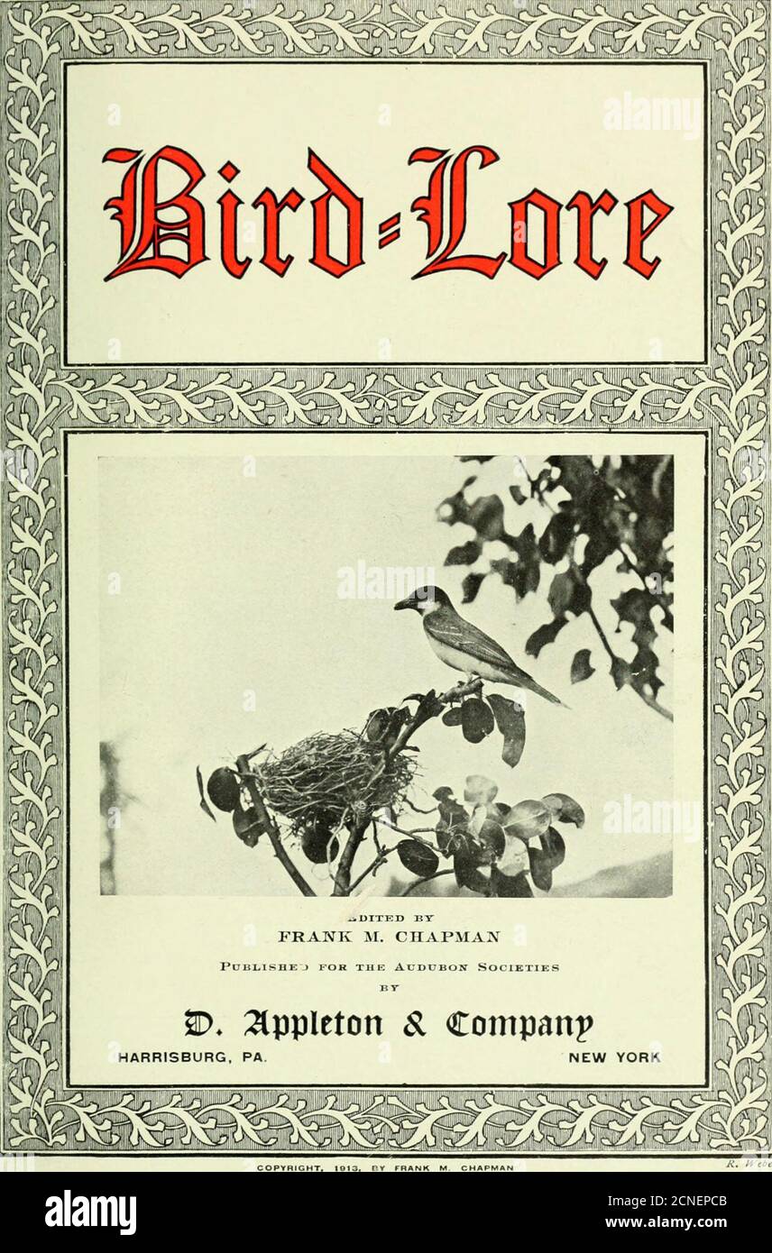 . Bird-lore . Beschreibungen von spezifischen Zeichen, Bereich und Notizen, und kol-ored Figur jeder Art, kann gut als illustriertes Wörterbuch der nordamerikanischen Vögel beschrieben werden. Das einleitende Kapitel und die SystematicTable of North American Birds wurden neu eingerichtet und aktualisiert, und zwei Anhänge wurden hinzugefügt. Die erste enthält Beschreibungen von Arten, die seit der ersten Ausgabe des Farbschlüssels veröffentlicht wurden.die zweite ist eine faunale Bibliographie, die Hinweise auf alle wichtigen faunalpapers über nordamerikanische Vögel enthält. Die Titlesare sind so angeordnet, dass auf Stockfoto