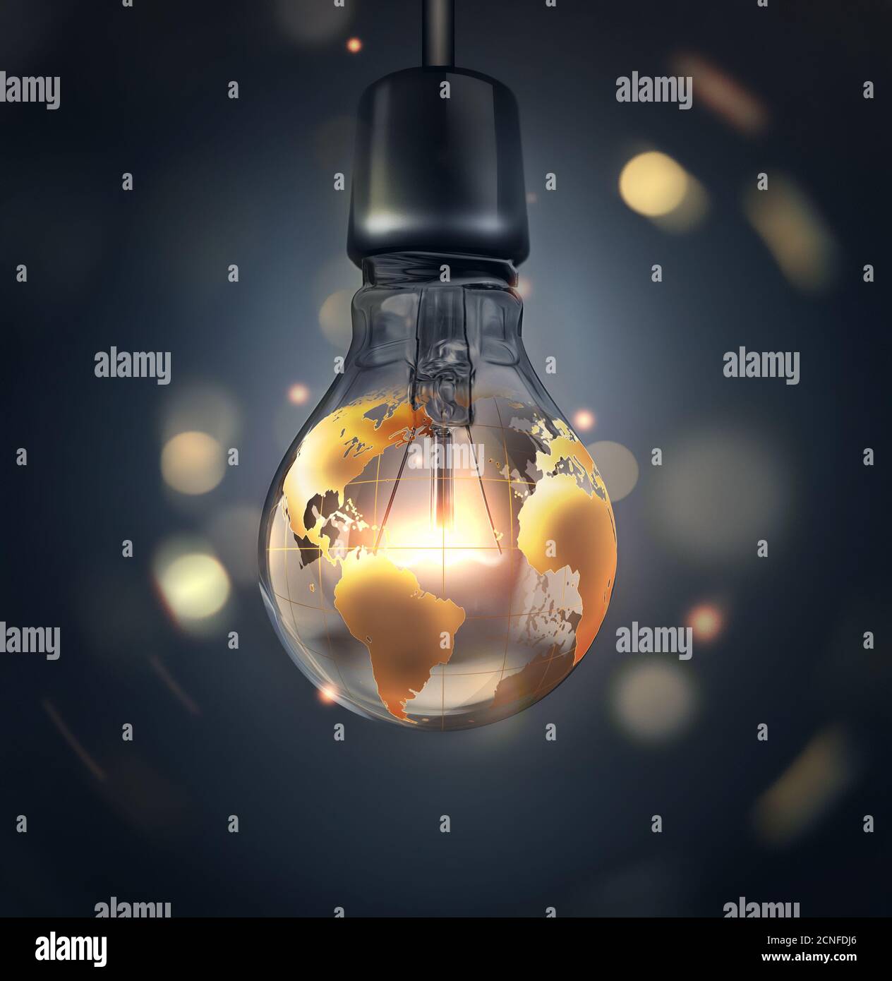 Glühbirne mit einer Weltkarte Stockfoto