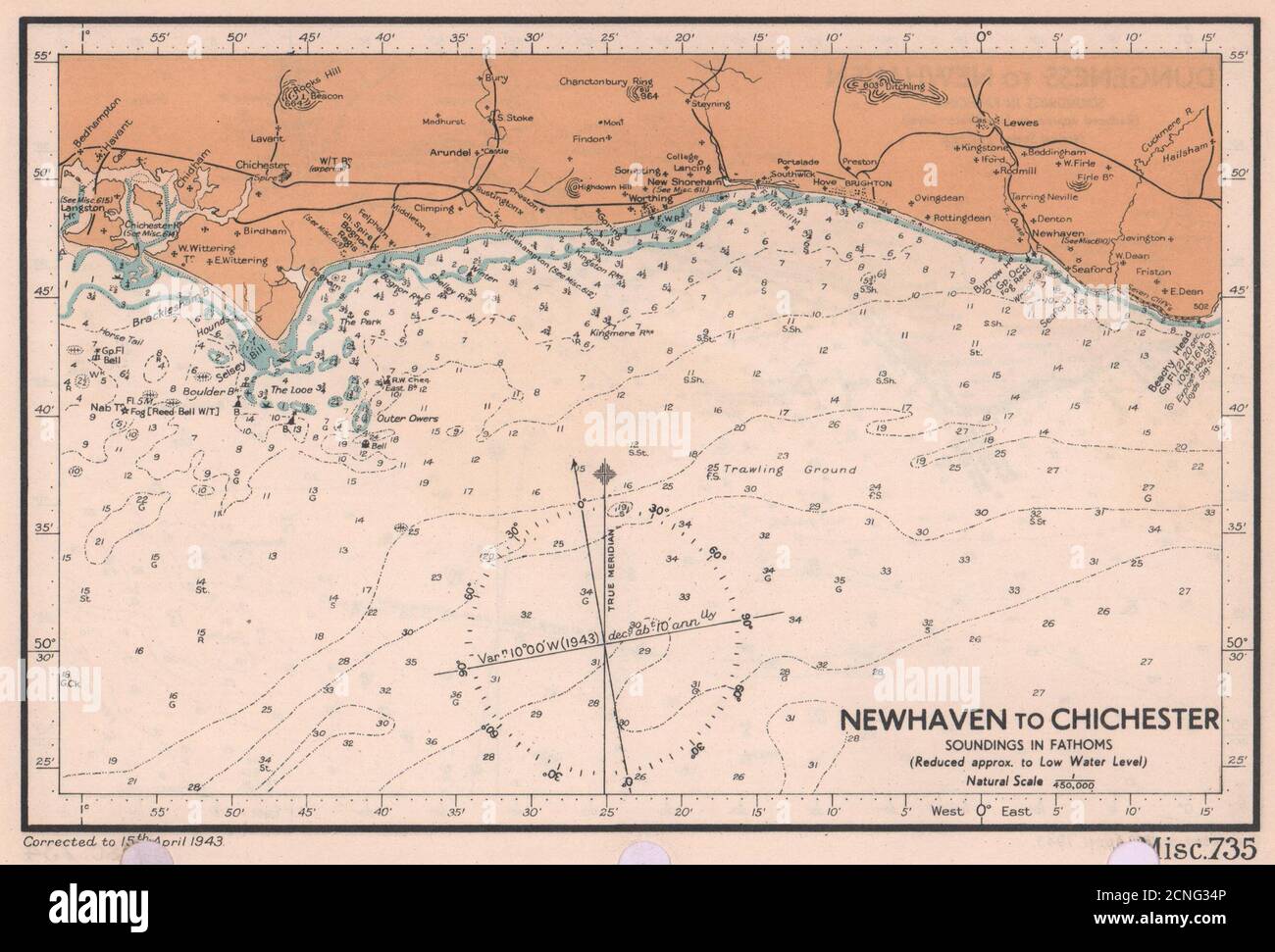 Karte der Küste von Newhaven nach Chichester. Brighton Sussex. ADMIRALTY 1943 Karte Stockfoto