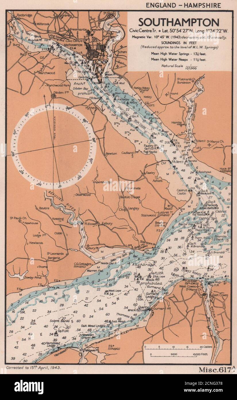 Seekarte Southampton Water & Solent. Beaulieu. Hampshire. ADMIRALTY 1943 Karte Stockfoto