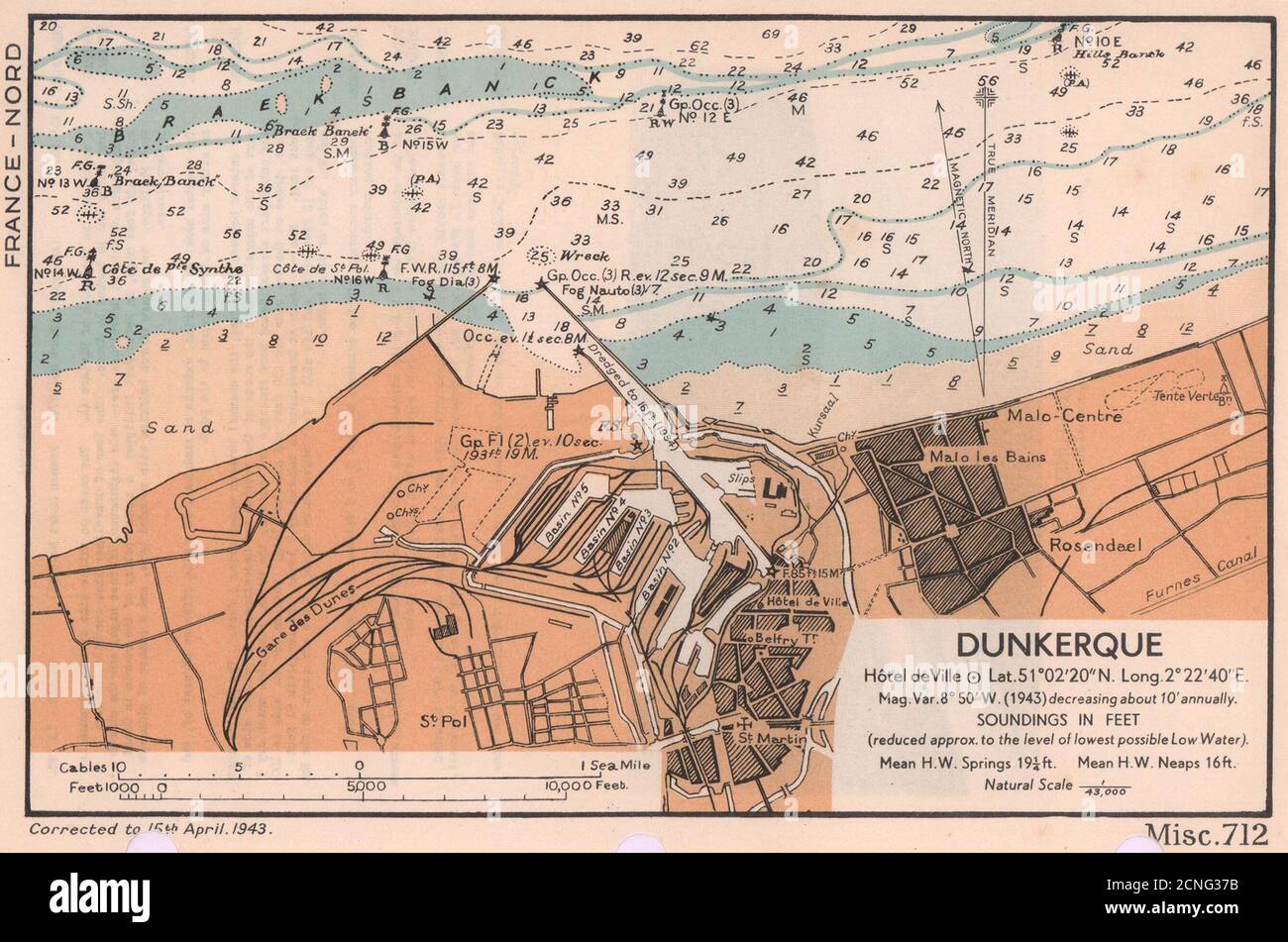 Dunkerque Dunkirk Stadtplan/Seeküstenkarte. DDayPlanungsPlan. ADMIRALTY 1943 Stockfotografie