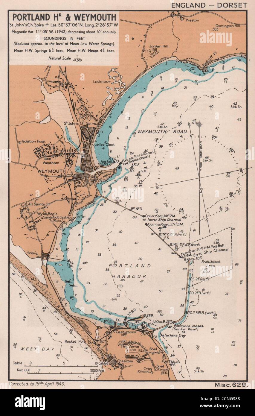 Seeküstenkarte von Portland Harbour und Weymouth. Chesil, Dorset. ADMIRALTY 1943 Karte Stockfoto