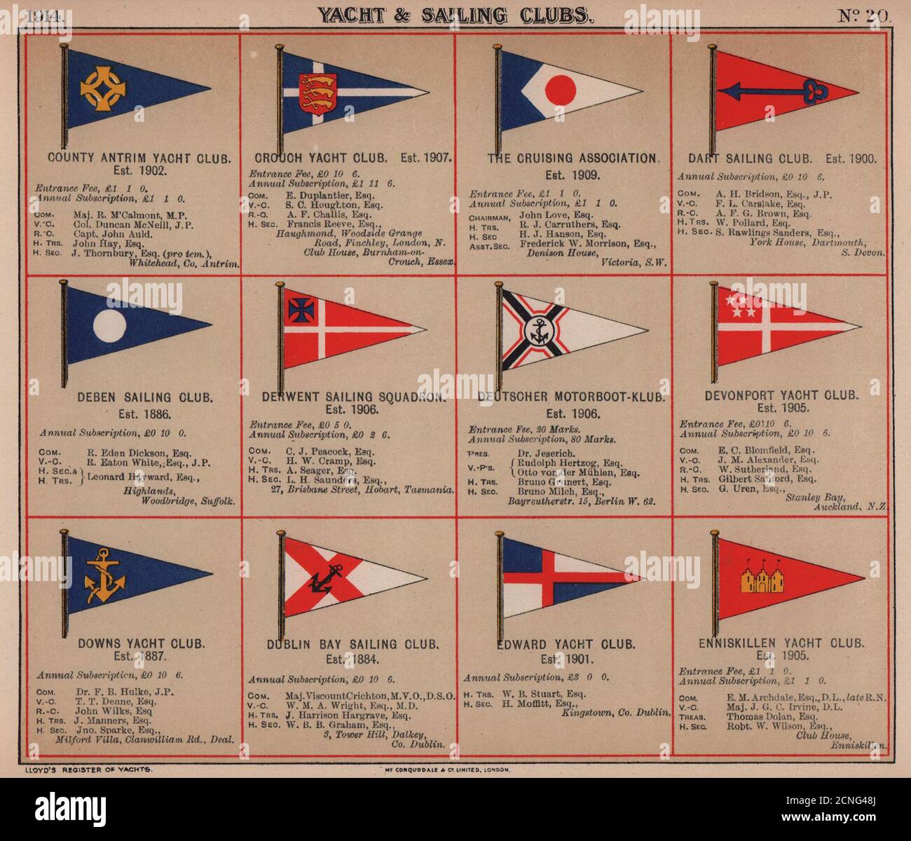 YACHT/SEGELN CLUB FLAGGEN C-E Antrim Dart Deben Devonport Dublin Enniskillen 1914 Stockfoto