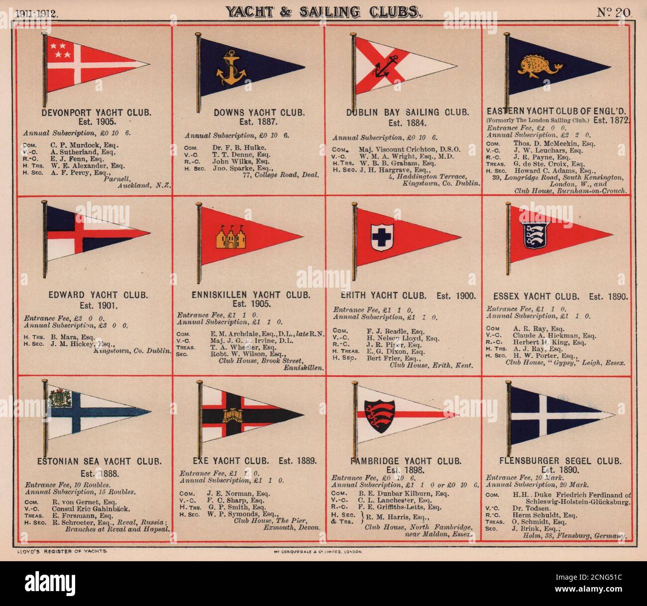 YACHT & SEGELN CLUB FLAGGEN D-F Devonport Dublin Erith Essex Exe Flensburg 1911 Stockfoto