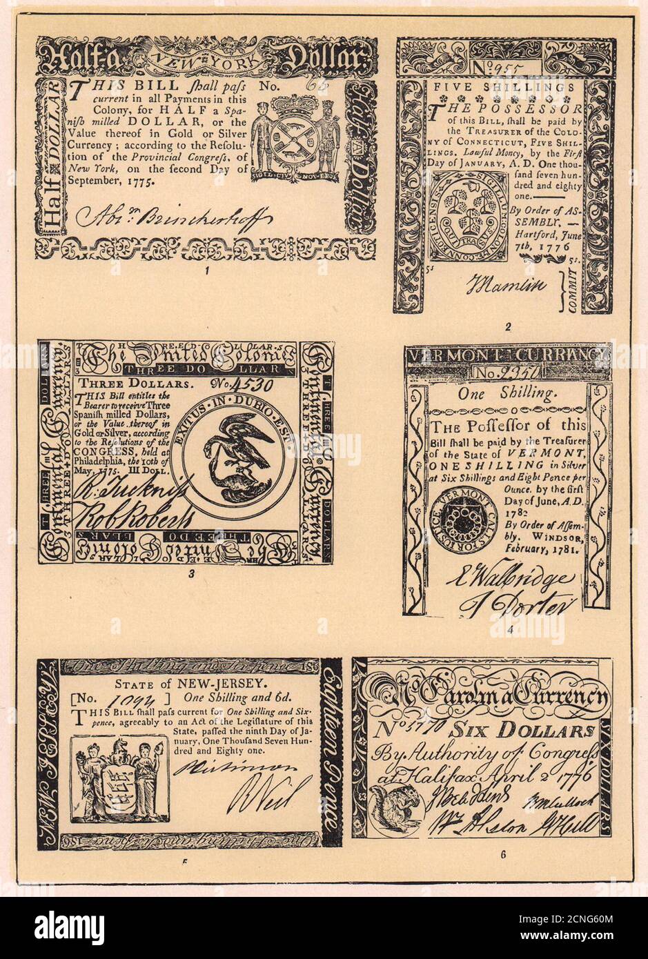 American Colonial Paper Money USD Shilling Pence 1775-6 New York CT VT NJ NC 1903 Stockfoto
