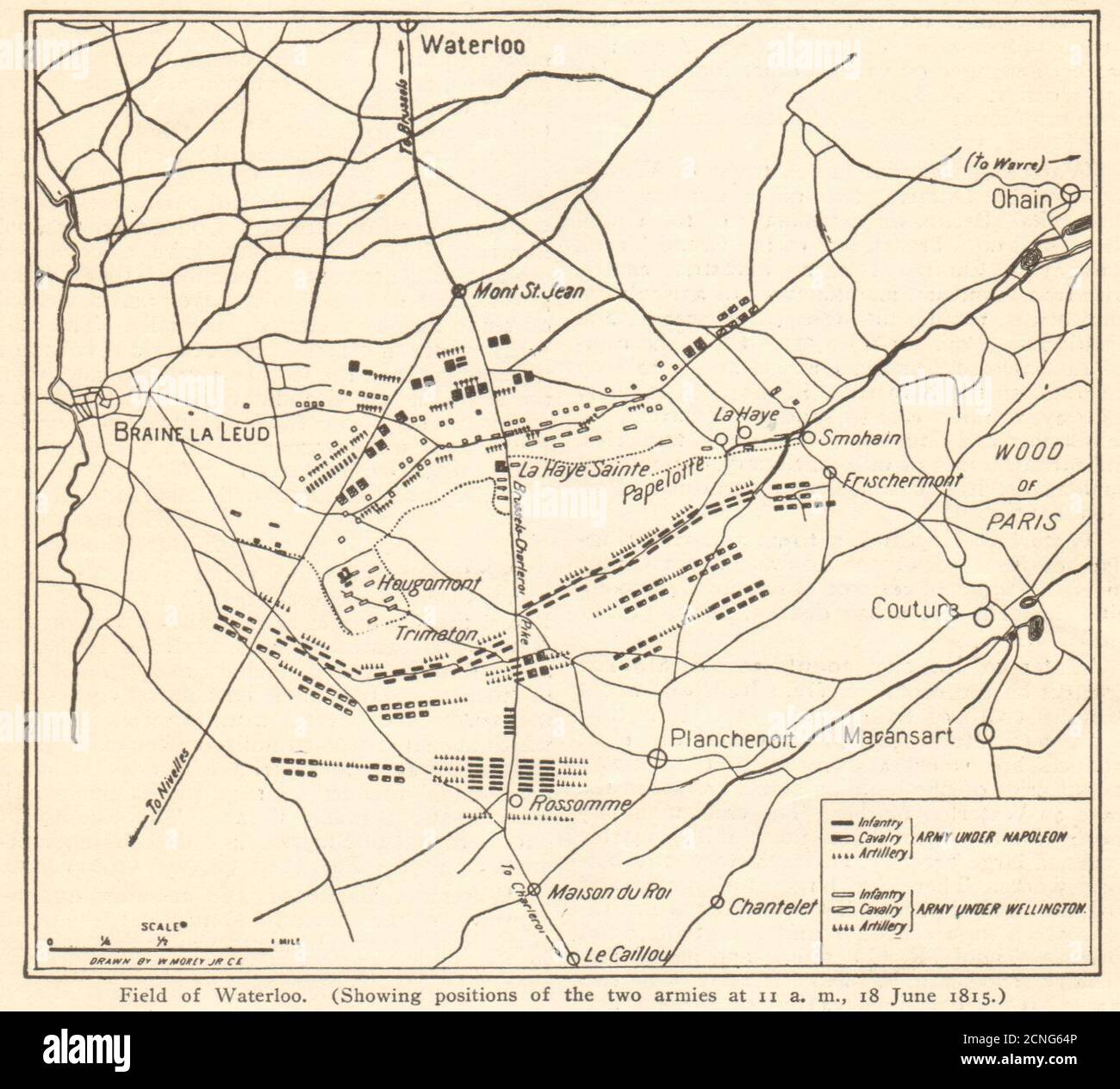 Schlacht von Waterloo. Positionen am 11.00, 18. Juni 1815. Belgien 1903 alte Karte Stockfoto