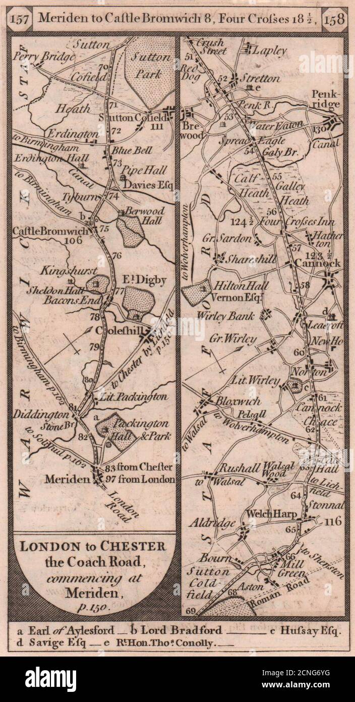 Meriden-Sutton Coldfield-Cannock-Penkridge Road Strip map PATERSON 1803 Stockfoto