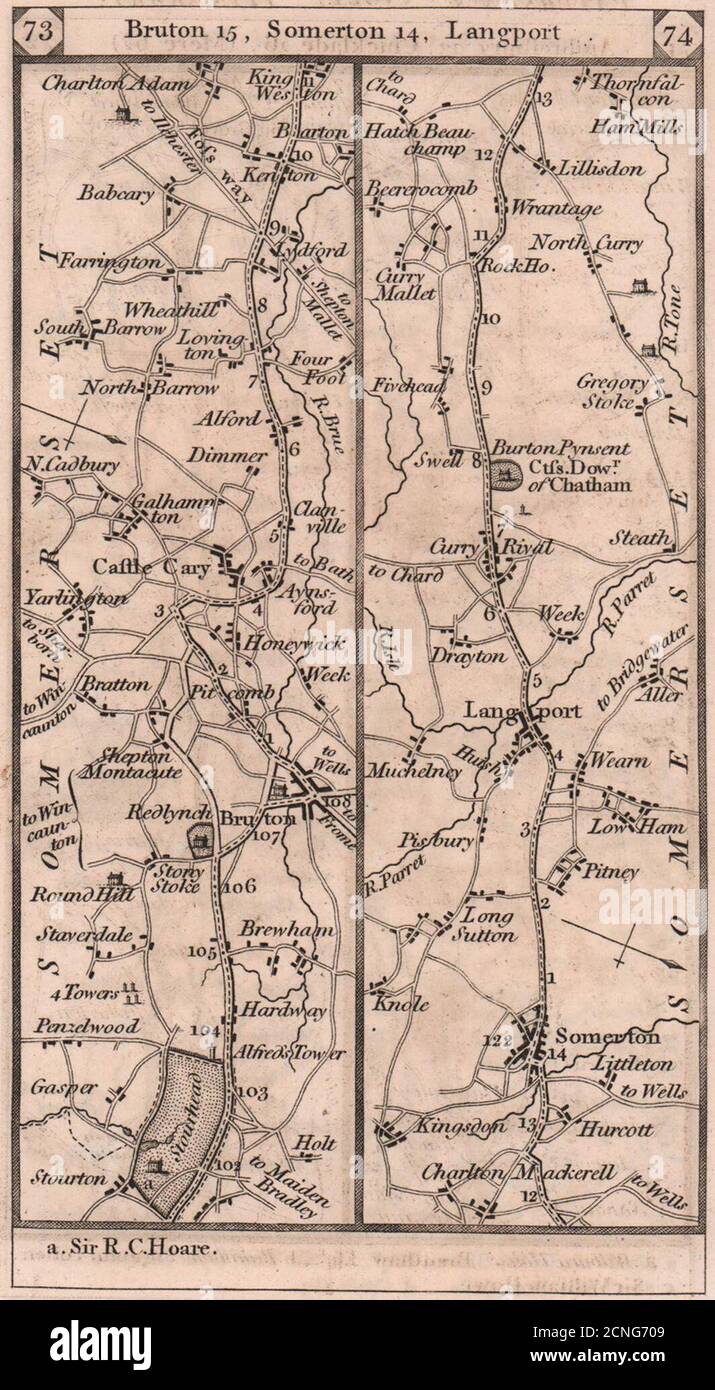 Stourton-Bourton-Castle Cary-Langport-Wrantage Road Strip map PATERSON 1803 Stockfoto