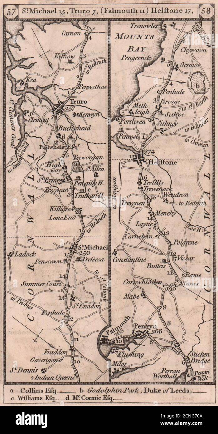 St. Dennis-Truro-Falmouth-Helston-Mount's Bay Road Strip map PATERSON 1803 Stockfoto