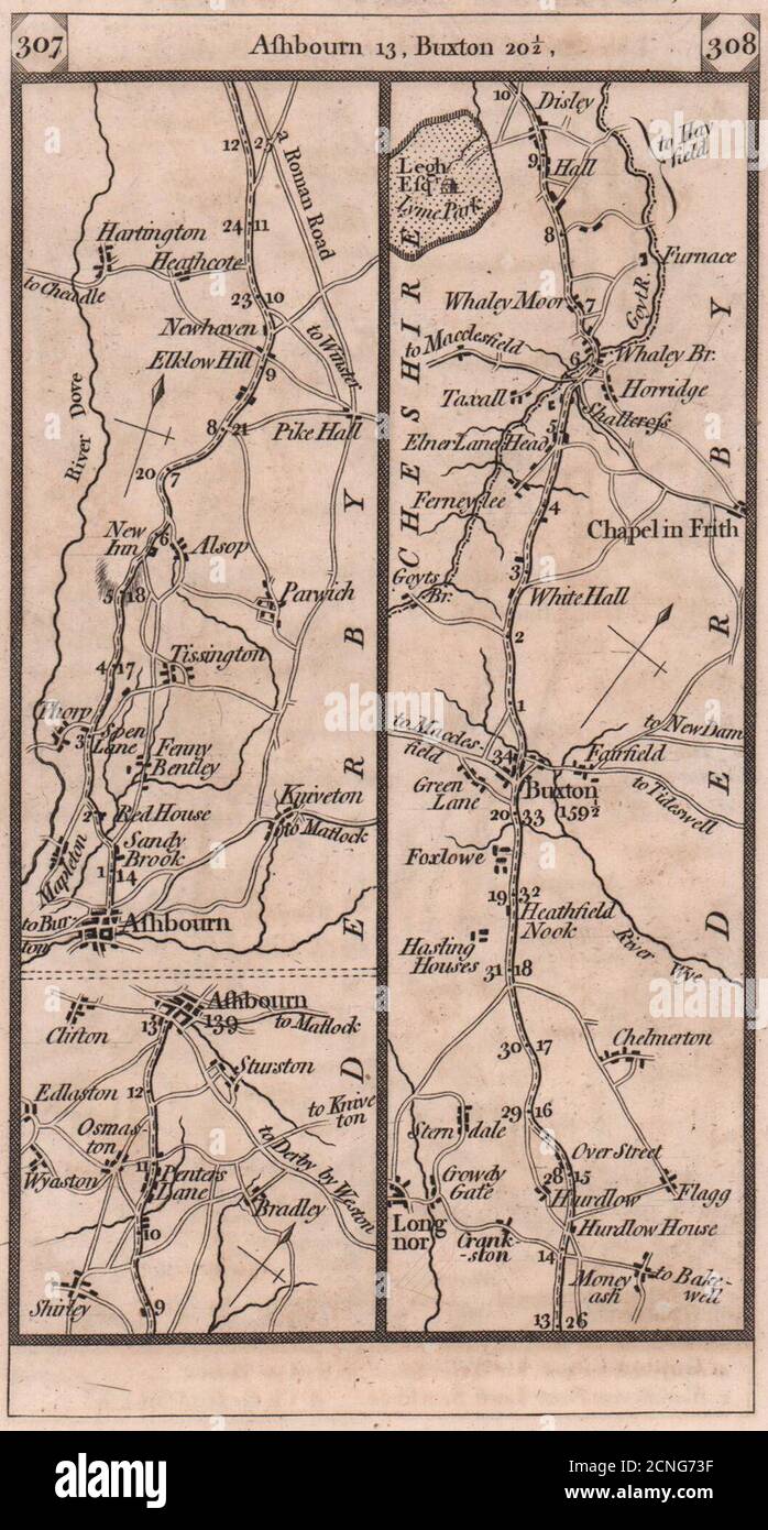 Ashbourne-Alsop-le-Dale-Buxton-Whaley Bridge Road Strip map PATERSON 1803 Stockfoto