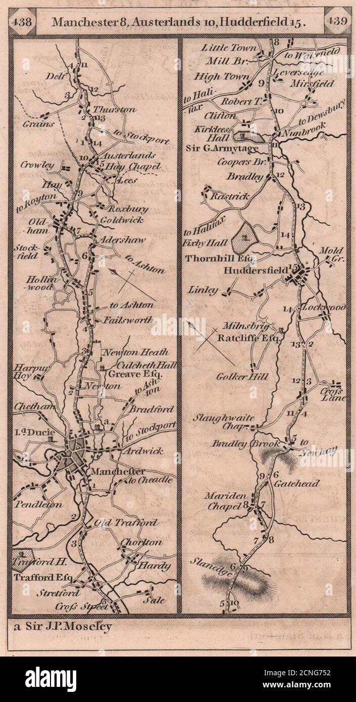 Stretford - Manchester - Oldham - Huddersfield Road strip map PATERSON 1803 Stockfoto