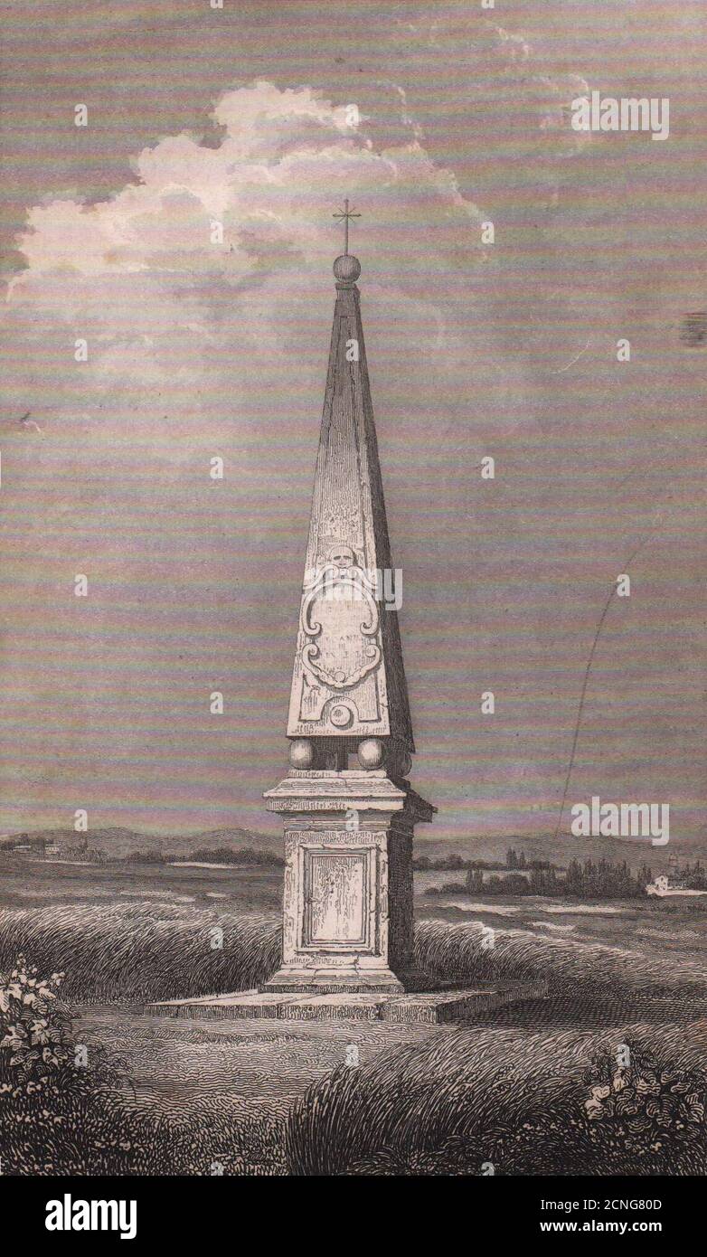 Obelisk. Kaiser Leopold I. und Jan Sobieski 1683 treffen sich. Schwechat, Österreich 1839 Stockfoto